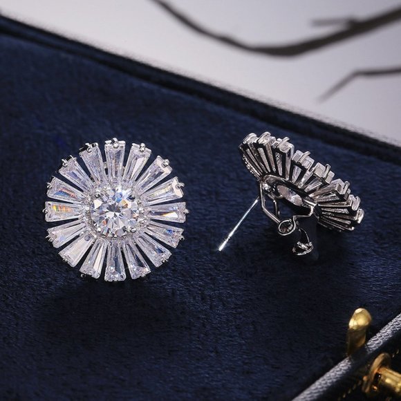 Silver Baguette Round Diamond Sunflower Earrings - Picture 5 of 9